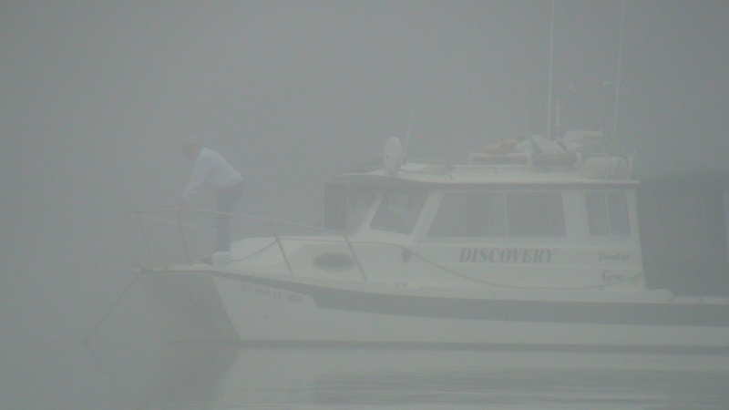Dixie retrieving anchor in thick fog, Cleveland Passage near Cape Fenshaw