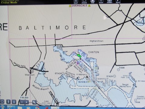 Docked at Henderson's Wharf marina Baltimore's Inner harbor up a little to the left in the picture.The picture is of our laptop with a 15'5" screen running standard Coastal Explorer charts and software with a portable GPS puck pulled into a USB port velcroed on the dash near the front window