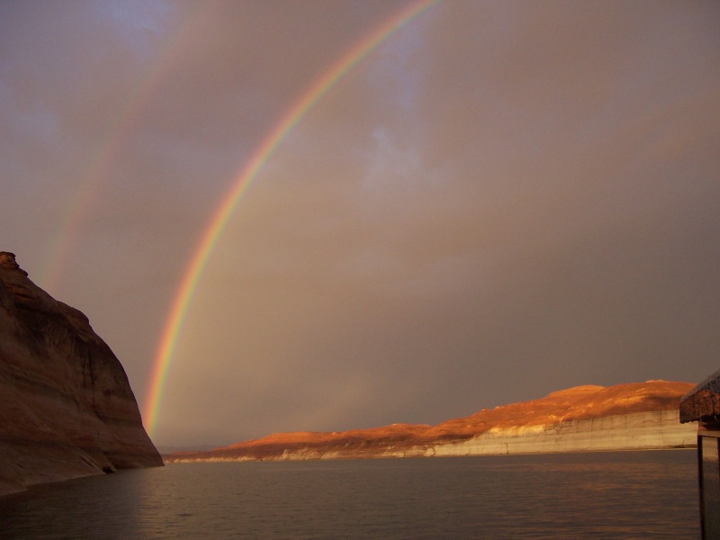 Double rainbow from one side of the lake to the other. Achored east side of main channel just before Forfotten Canyon. Rainbow coming down on east side of lake 8-30-13.
