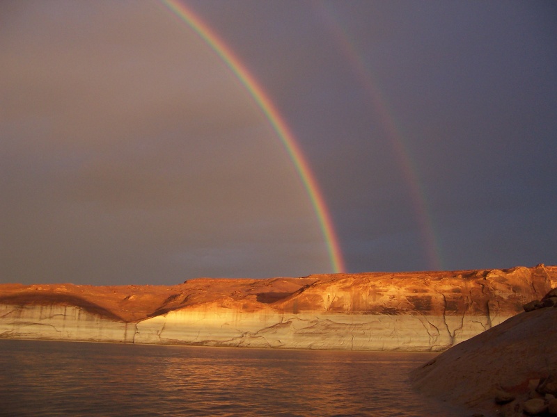 Double rainbow from one side of the lake to the other. Achored east side of main channel just before Forfotten Canyon. Rainbow coming down on west side of lake 8-30-13.