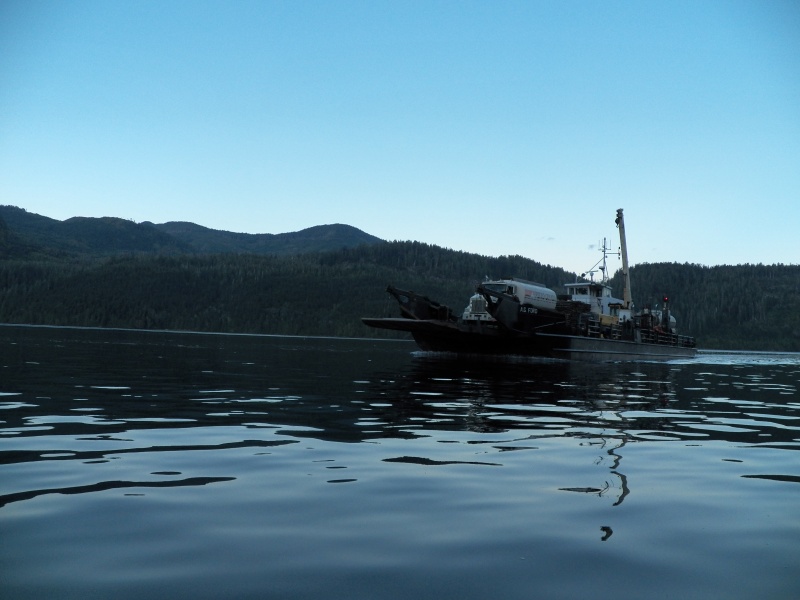 Early morning fuel delivery at Esperanza.  Not a fuel barge, a landing barge with two fuel trucks on board.