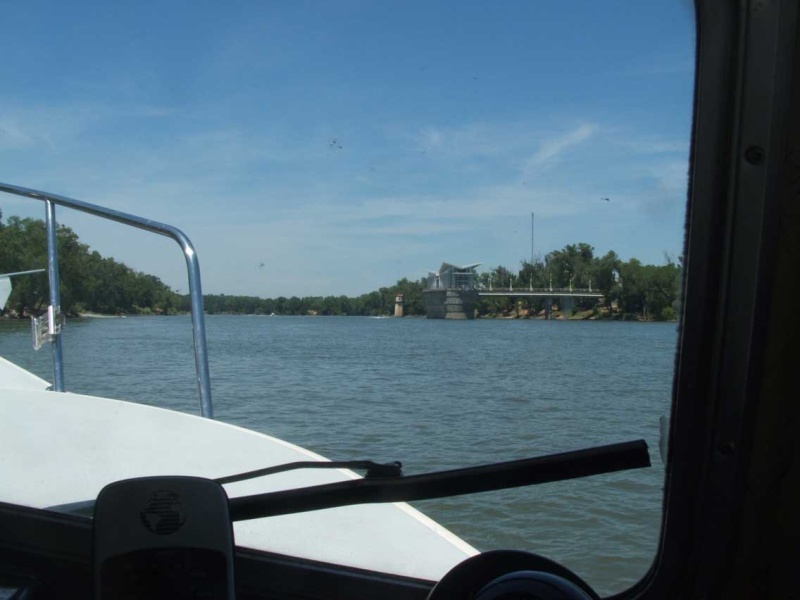 End of a day trip on the Sacramento River. Launch ramp is on left side framed by bow pulpit