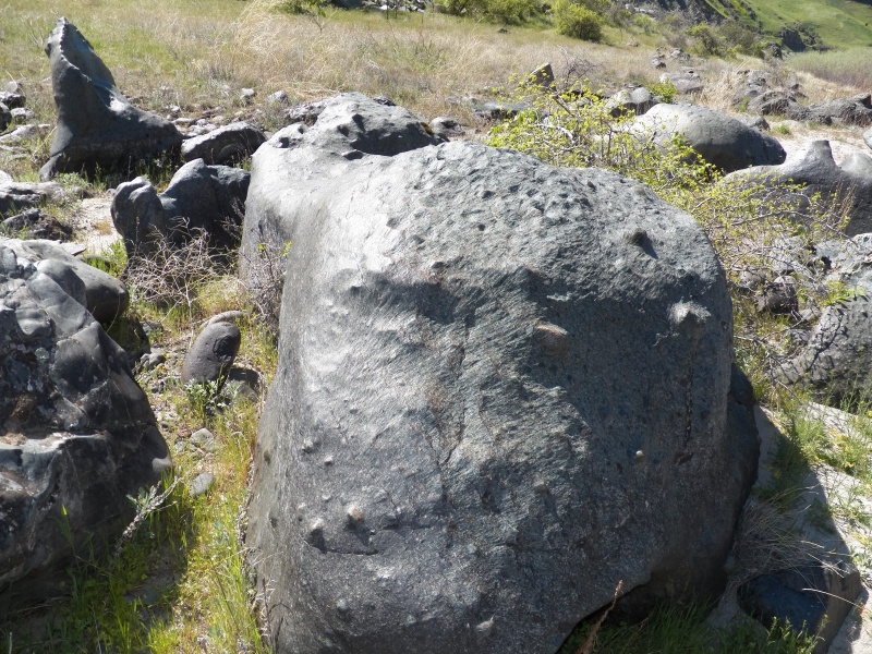 Evidence of high water in the past. The upstream side of this boulder (left) is polished and the right side is rough.