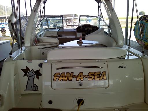 Fan-A-Sea,  sitting in her covered 
14' x 40' slip on the ohio river. 8/05/2010
260, loa 28'8",  my Sea-dory,