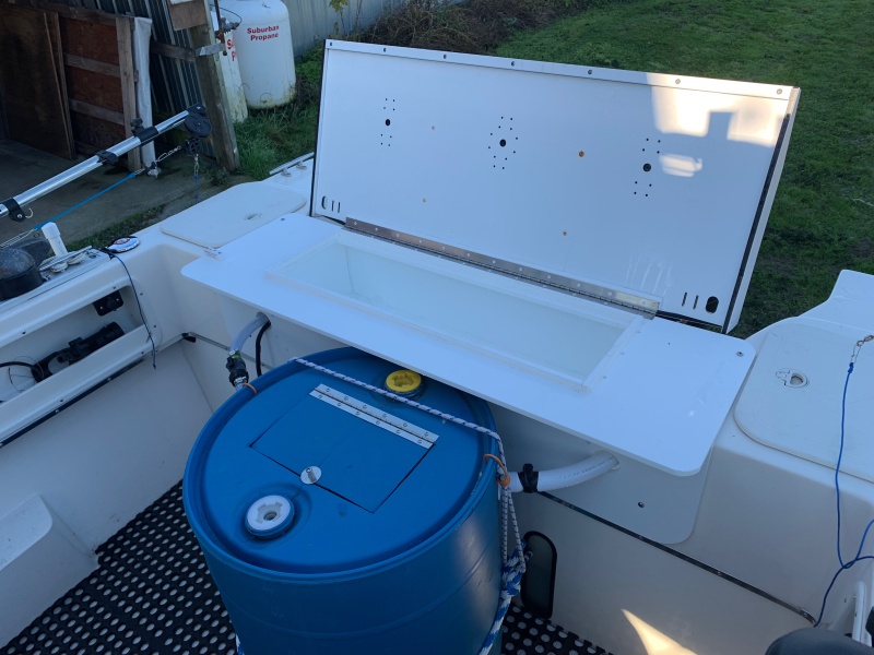 Fish box, cutting table, and bait tank.