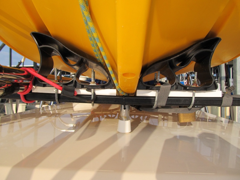 front view of front saddle set (17.5 inches at outside edge and 6 inches up from bar to contact point)  This is the measurement with boat on saddles so they are squished down an inch or so. 2 inches between saddles for keel clearance