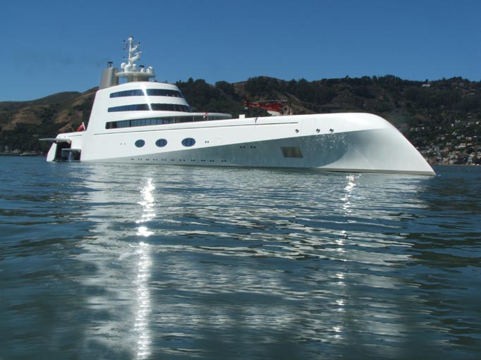 Futuristic yacht named "The A" moored just off Sausalito in San Francisco Bay