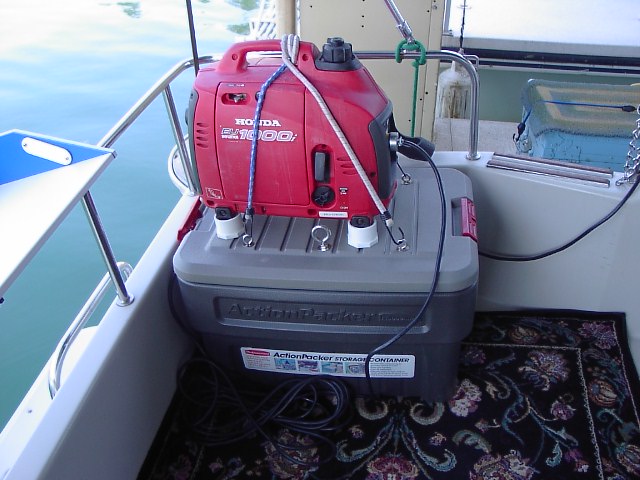 Generator is mounted off-center so that it can be turned different ways to accomodate the situation where it's being run, and also to project exhaust as far to one side as possible.