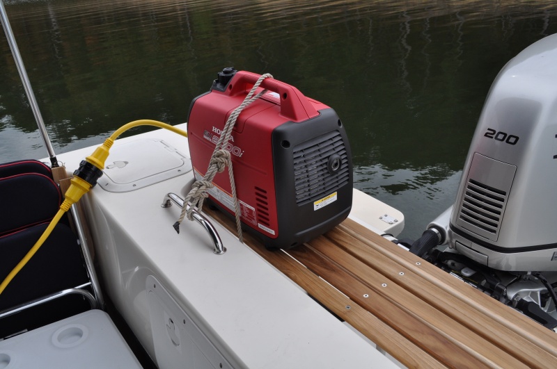 Generator secured on shelf.  Plenty of room left for BBQ