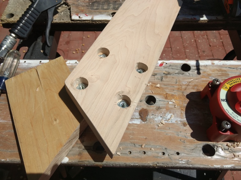 Glued a couple pieces of maple together and drilled pockets for blind nuts. This will be the mount for the Blue Seas battery selector switch and smart relay.