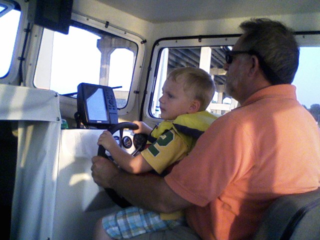 Grandson ensuring we don't hit the bridge