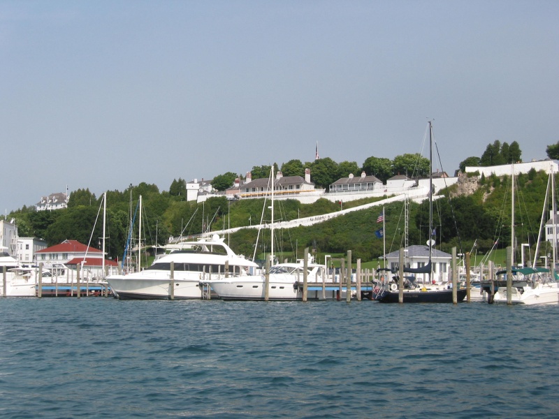 Harbor at Mackinac Island. Fort Mackinac in background