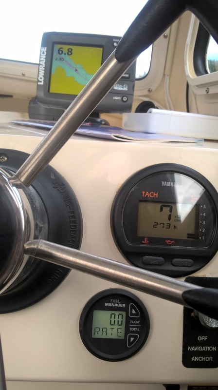 Here is the interplay between my tach, my fuel management system, and my plotter.  700 rpm gives 2.4 knts at .0 gallons per hour.  That is because my fuel management system doesn't give accurate rates at less than .1.  It does keep an accurate account of overall usage at this rpm.