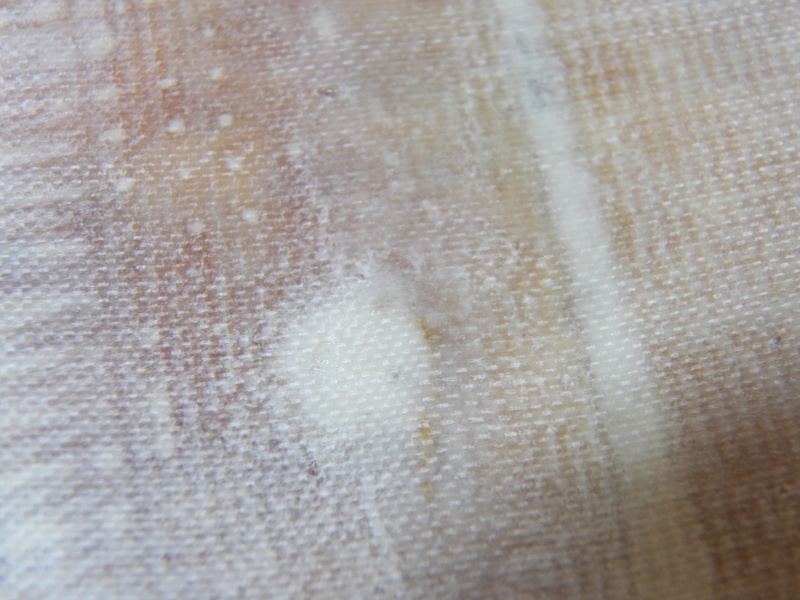 Here is the other edge (new balsa to the right).  The dividing line has two layers of 6 oz. cloth, with the second layer having strands removed, then the first layer of cloth, with strands removed from its edge.  All was faired by the release cloth.  No sanding and the repair will be easily covered with deck texture.  The light dot in the center is a test hole that was filled with epoxy putty when I determined that the water damage didn't go out that far.
