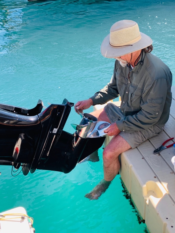 How lucky is it that we are tied up ahead of a big boat with a tender on a floating platform! Changed out the 15?19 for the 15?21...we will see if it works out better. (Update, nope changed back!) One note of caution the newest Suzuki props need a different spacer!!!!!