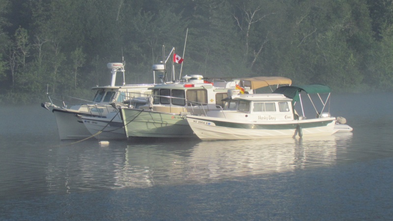 Hunky Dory, Illusions, Widget, and Kingfisher rafted on a mooring