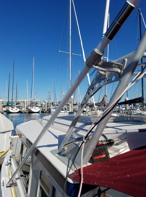 I fabricated an aluminum \"boom crutch\" so we can partially lower the 21\' high HF antenna so it will be more secure while motoring