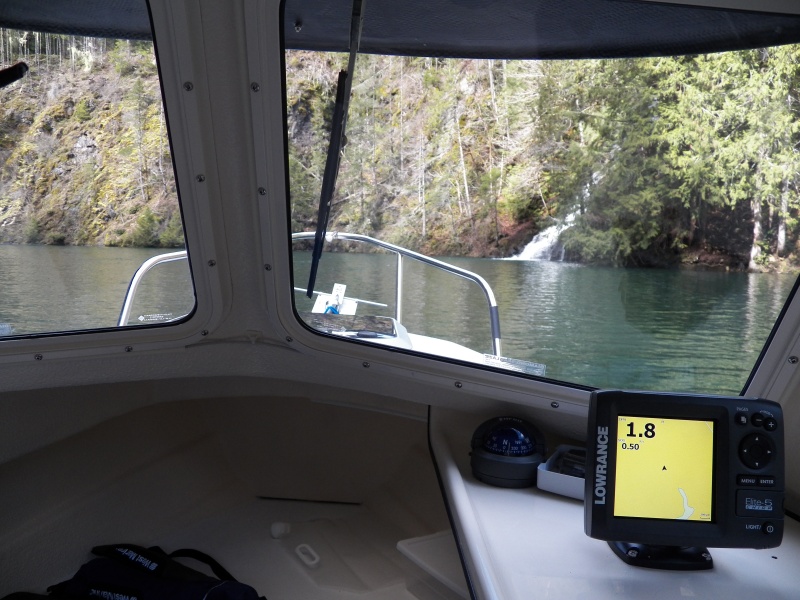 If you look at the Lowrance, you can see that the "chart" of the lake ends and I'm now on dry land north of the skinny tip of the lake.  When the lake is full it continues for another half mile beyond the chart into a deep canyon.  Ignore the depth reading of 1.8 feet.  The canyon is so steep and narrow that the depth sounder didn't work.