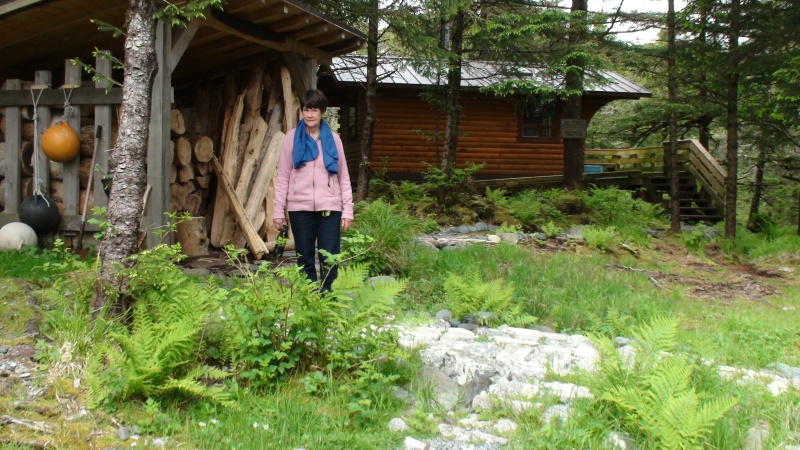 Jo-Lee in front of the White Sulfur Springs Forest Servicer Cabin