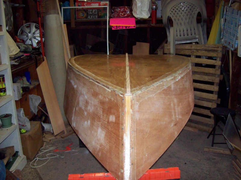 Keel laid, surface scuffed and rubbed down with acetone in preparation to paint.