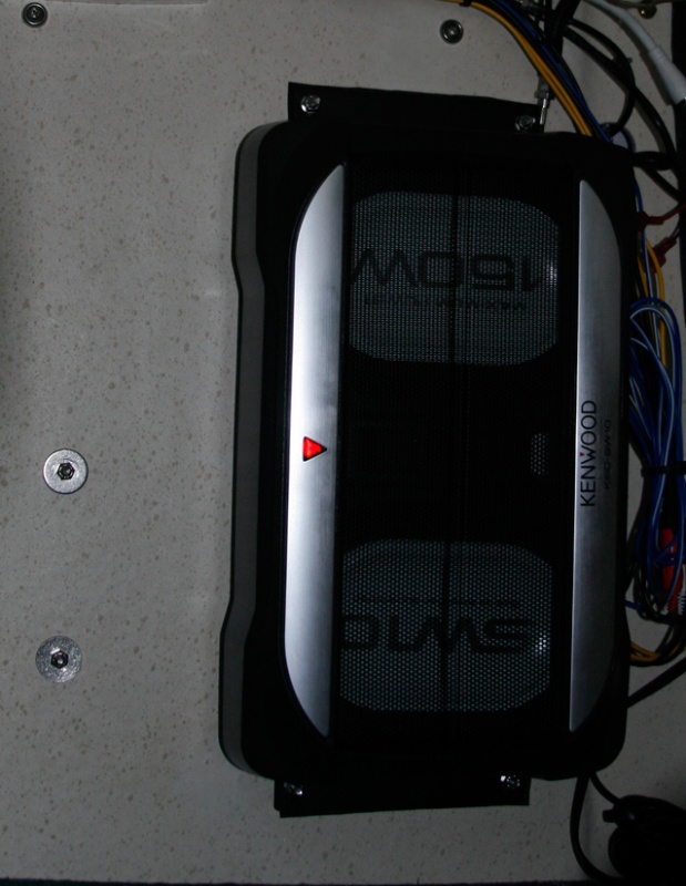 Kenwood-KSC-SW-10-Powered-Subwoofer is mounted on the inside of the port bulkhead in the v berth. I dressed the wiring after this photo.