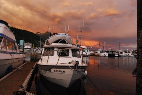 Knotty C back in Ketchikan. Stormy sky just getting ready to open up.