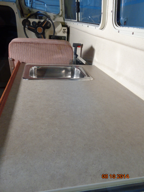 Looking through the rear window at the new counter top.
