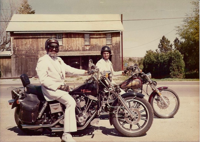 Me and dad after my sister got married way back when. He said, Hey, we rented the tux for the weekend, we should get our moneys worth. So we rode all over town.