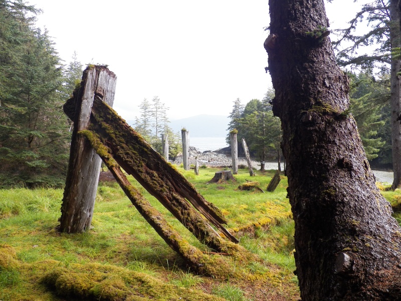 More mortise and tenon joinery with mortuary poles in the background.