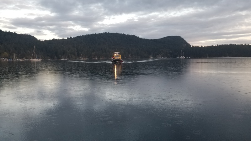My buddies from RCMSAR  Station 8 coming to "rescue" us. We are at anchor in Montague Harbor.