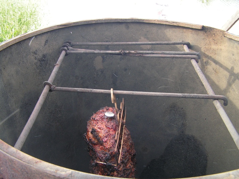 No explanation needed. Prime rib roast (bone removed) with thermometer.
