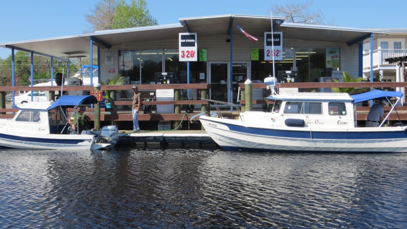 Ocklawaha Queen (Cliff) and Alma\'s Only (David) fueling up in Astor.