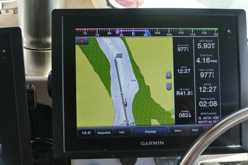 Over 4MPH on one engine @ 1600 RPM burning only 1.5g/hour.    1900 RPM yields 7 MPH and 3.6 MPG but with more wake than allowed in Manatee and No Wake zones.