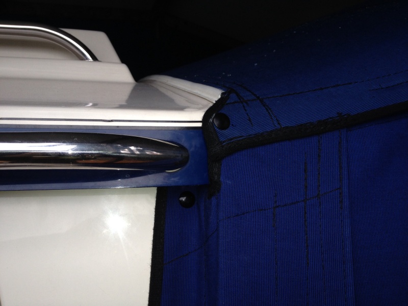 Overhang detail.  No Velcro and zip as we are anchored more than docked.