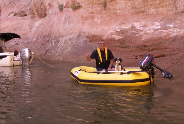 Pat and Baxter in Dinghy in Twilight Canyon 9-20-08