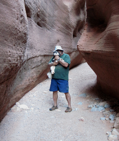 Pat and Baxter in Slot at Smith Fork Canyon 9-20-10