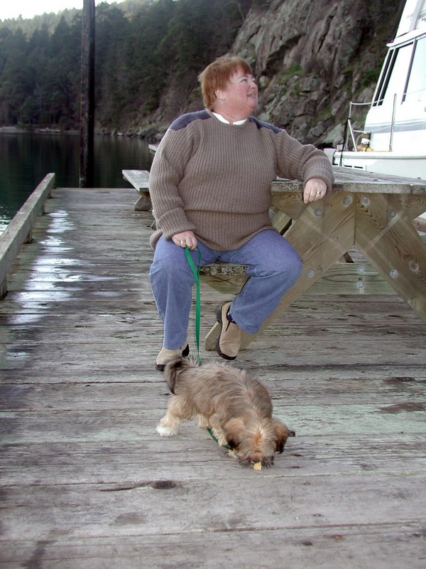 Patty and Oscar on Dock - Stuart Island, Prevost Harbor - 2-21-04