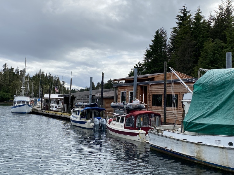 Point baker dock where Jody & I spent the night.  the buildings housed the last floating bar in Alaska.  Now shut down & forsale