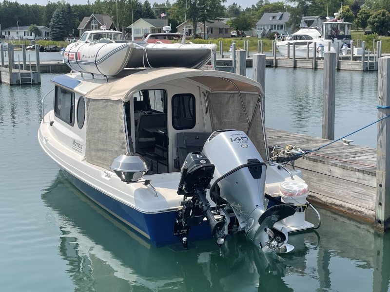 Port aft cooking with induction plate or grill, trash barrel on swim ladder