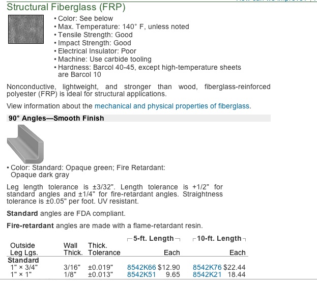 Pre-formed fiberglass angles from McMaster-Carr.  Numerous uses.