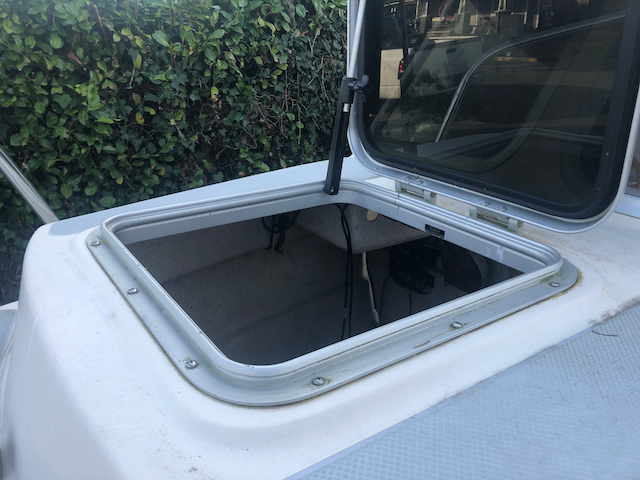 Pre repair photo. Bomar hatch in foredeck of a 16 Angler. Noticed a delayed leak around the edge of the hatch every time it rained.