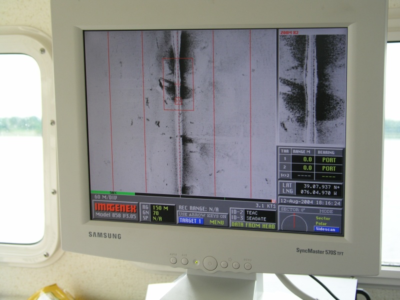 Real-time digital sidescan image as seen during survey (oyster reefs).
