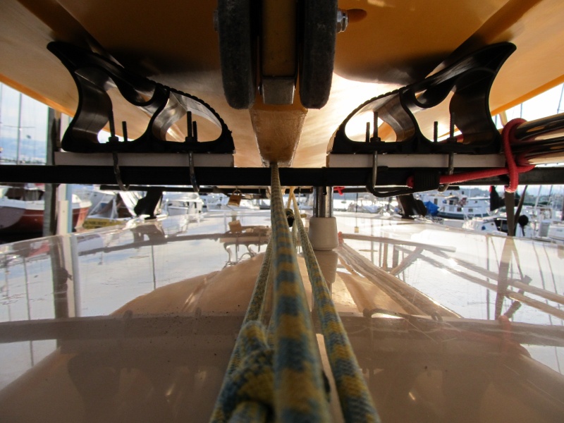 rear view of rear saddle set (20 inches at outside edge and 6 inches up from bar to contact point)  This is the measurement with boat on saddles so they are squished down an inch or so. 4.5 inches for wheel clearance between saddles