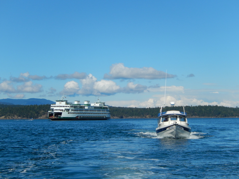 Robbie's Refuge with Washington State ferry behind, heading for Friday Harbor