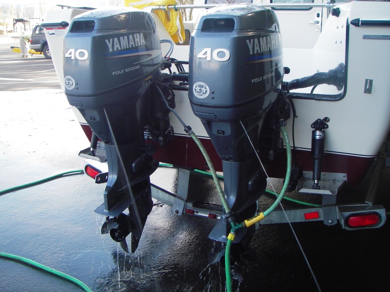 Run 10-15 min with just enough pressure so the "pee"  stream looks like it would with the engine running.  Don't need to run the engines during this. Actually, should not run the engines, (according to the Yamaha mechanics).