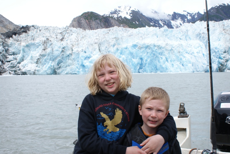 Sawyer Glacier in the Background.  The run took a bit longer than expected but the kids loved to watch the glacier breaking off.