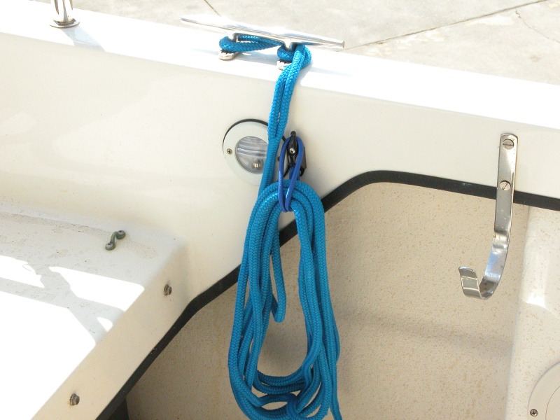 Sea Angel Aft Port side Shockcord Line Hanger -3/8" blue 25' braid stern line- before the Life Ring is mounted its holder.