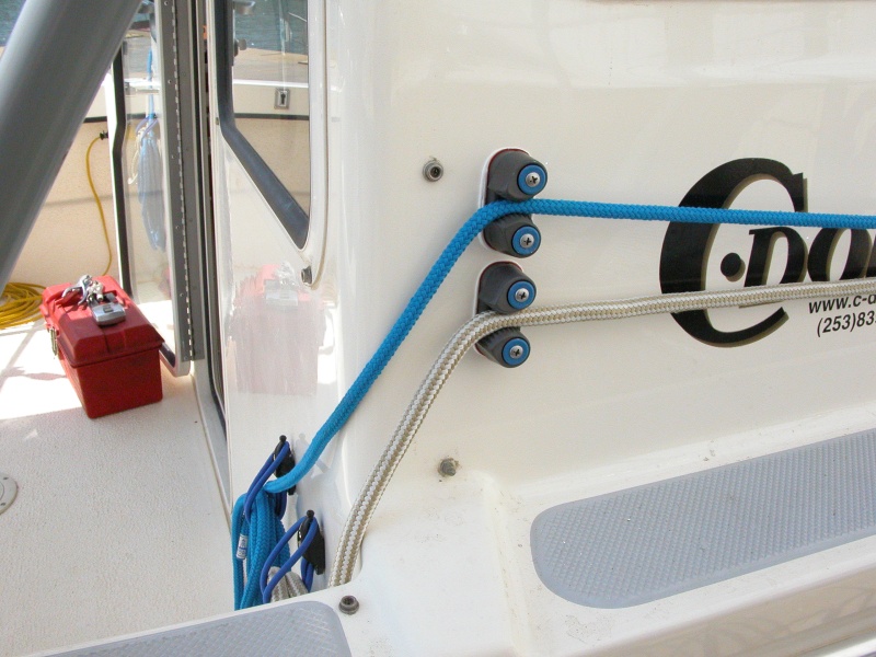 Sea Angel Dock Line System with HARKEN Cam-Cleats with color cam caps added. All dock lines are 25'long.