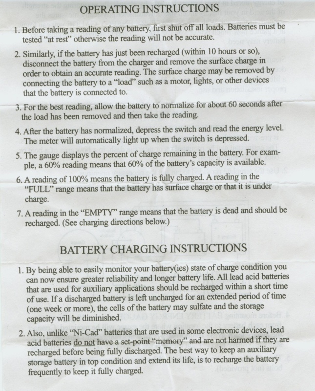 Sea Angel's Battery Guage Operating Instructions.