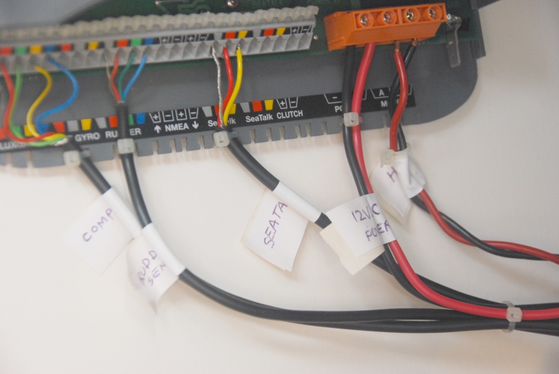 Sea Angel's SmartPilot wiring. Notice all the terminals are color coded with the appropriate cables; except, the BiDirectional Hydrolic Pump. Its terminal is labeled "A" & "B".  Beware of the leads position if you should have to remove them. This hookup has the Red wire to the "A" Terminal.